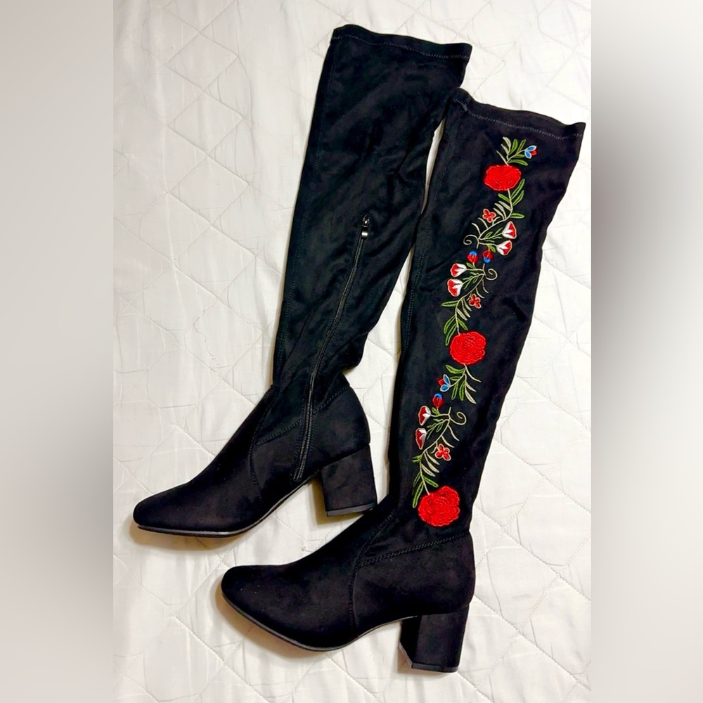 Black Over-the-Knee Boots with Red Floral Embroidery - Women's Fashion Boots